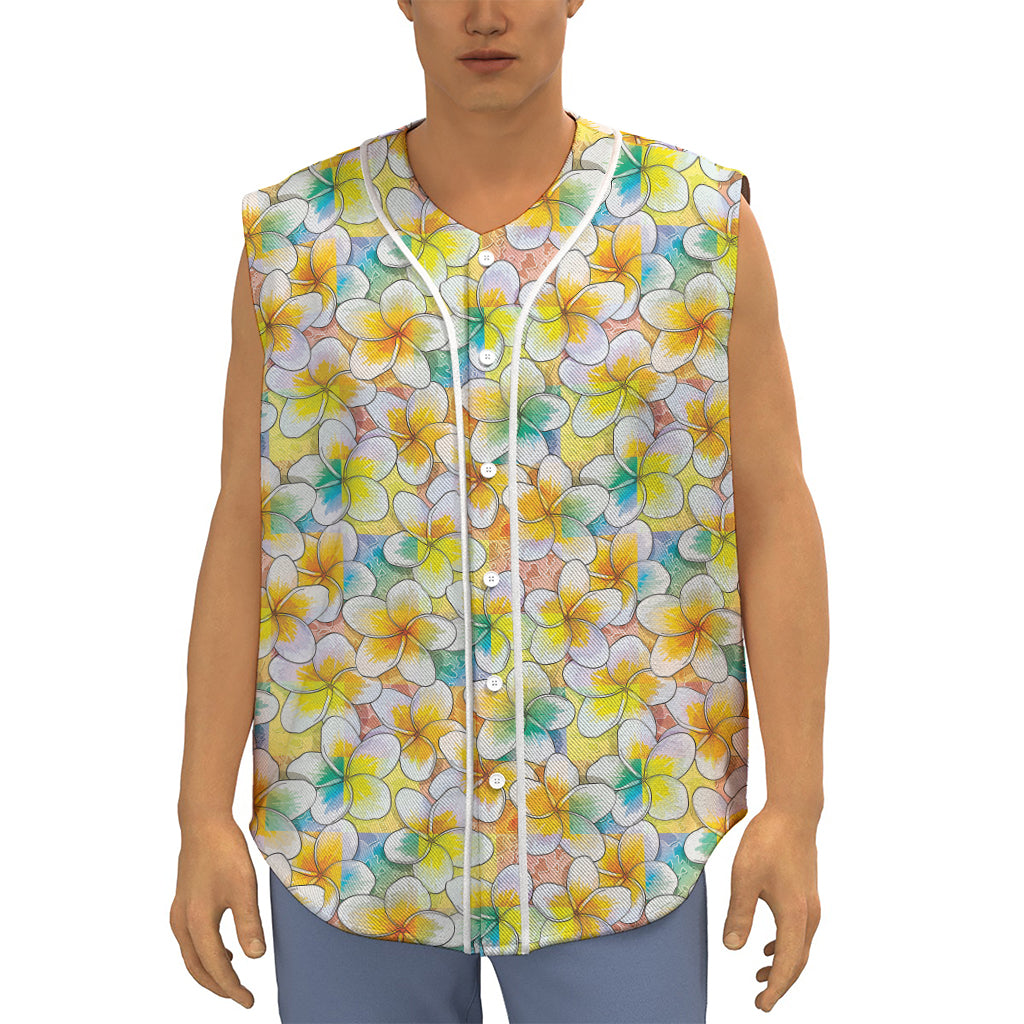 Colorful Frangipani Pattern Print Sleeveless Baseball Jersey