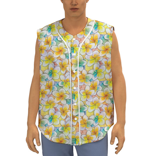 Colorful Frangipani Pattern Print Sleeveless Baseball Jersey