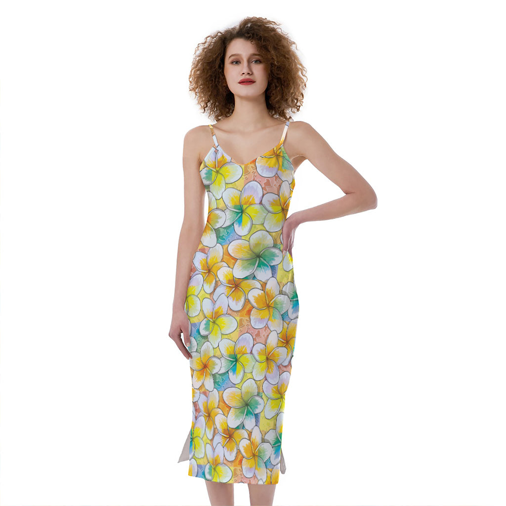 Colorful Frangipani Pattern Print Slim Fit Midi Cami Dress