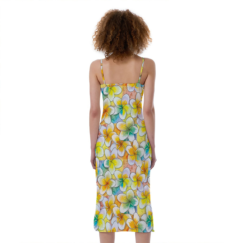 Colorful Frangipani Pattern Print Slim Fit Midi Cami Dress