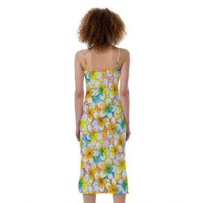 Colorful Frangipani Pattern Print Slim Fit Midi Cami Dress