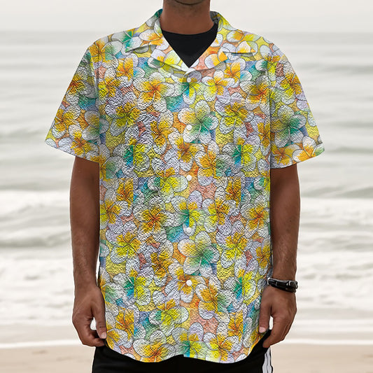 Colorful Frangipani Pattern Print Textured Short Sleeve Shirt