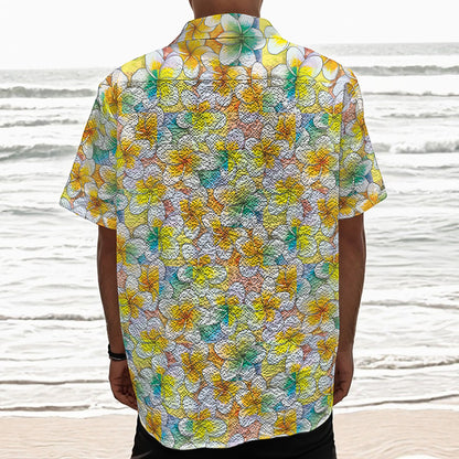 Colorful Frangipani Pattern Print Textured Short Sleeve Shirt