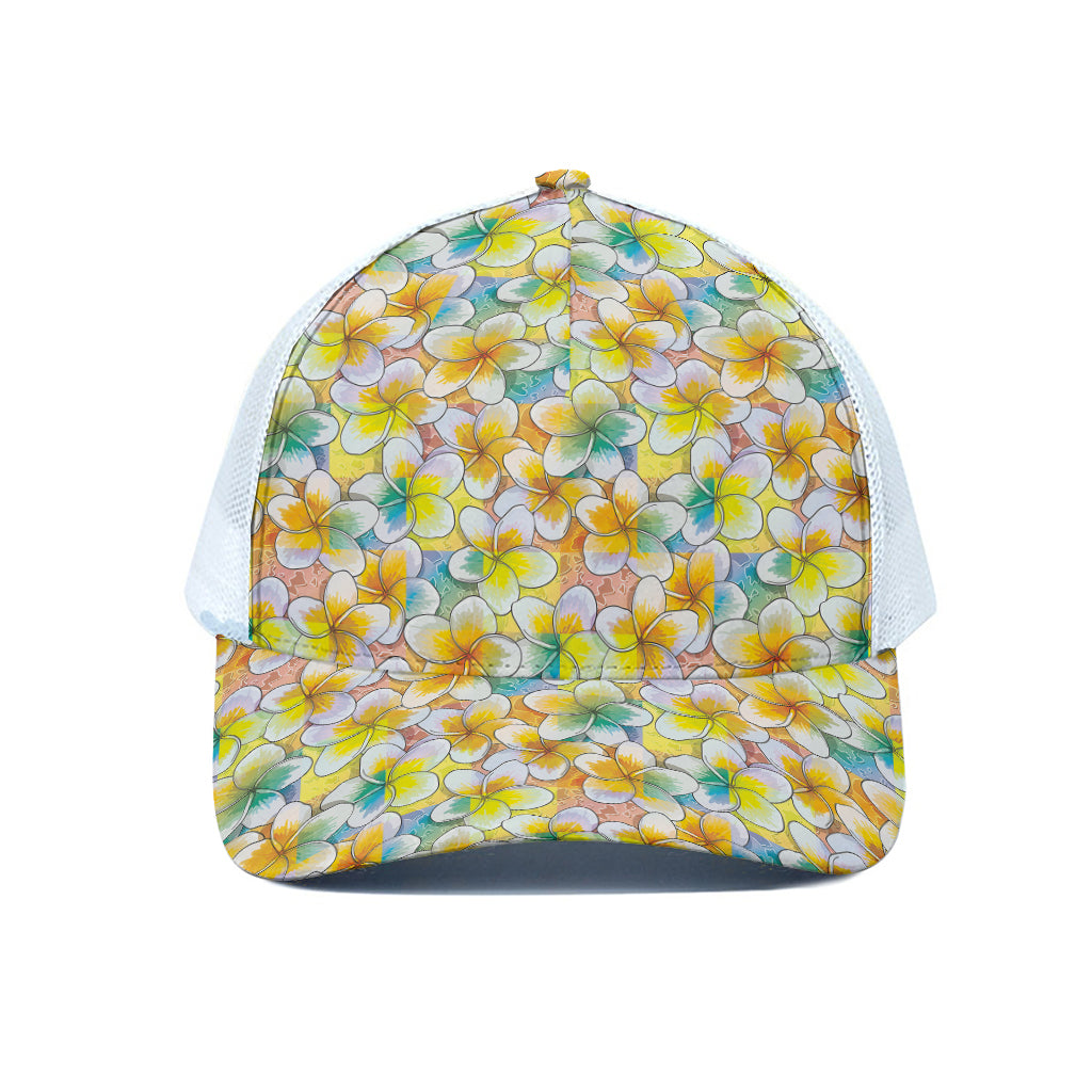 Colorful Frangipani Pattern Print White Mesh Trucker Cap