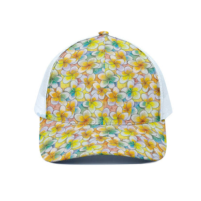 Colorful Frangipani Pattern Print White Mesh Trucker Cap