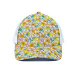 Colorful Frangipani Pattern Print White Mesh Trucker Cap