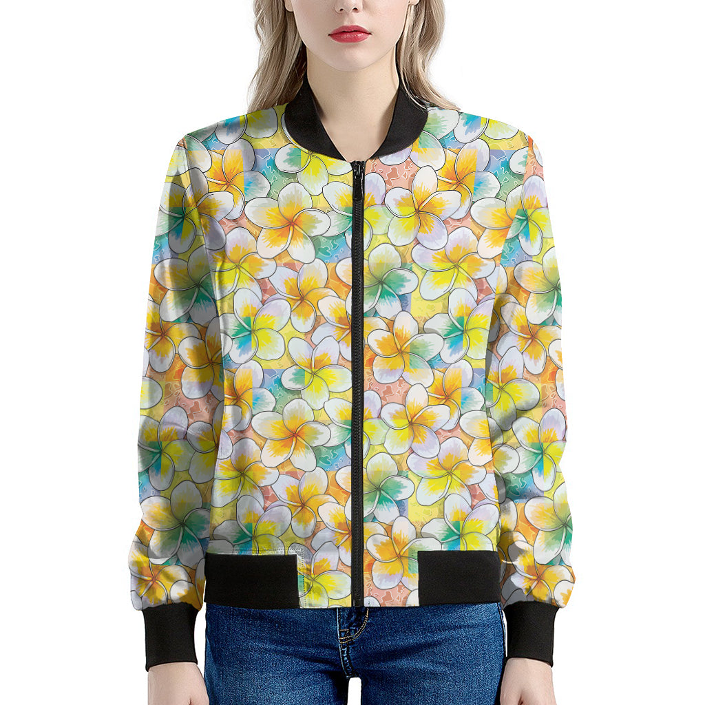 Colorful Frangipani Pattern Print Women's Bomber Jacket