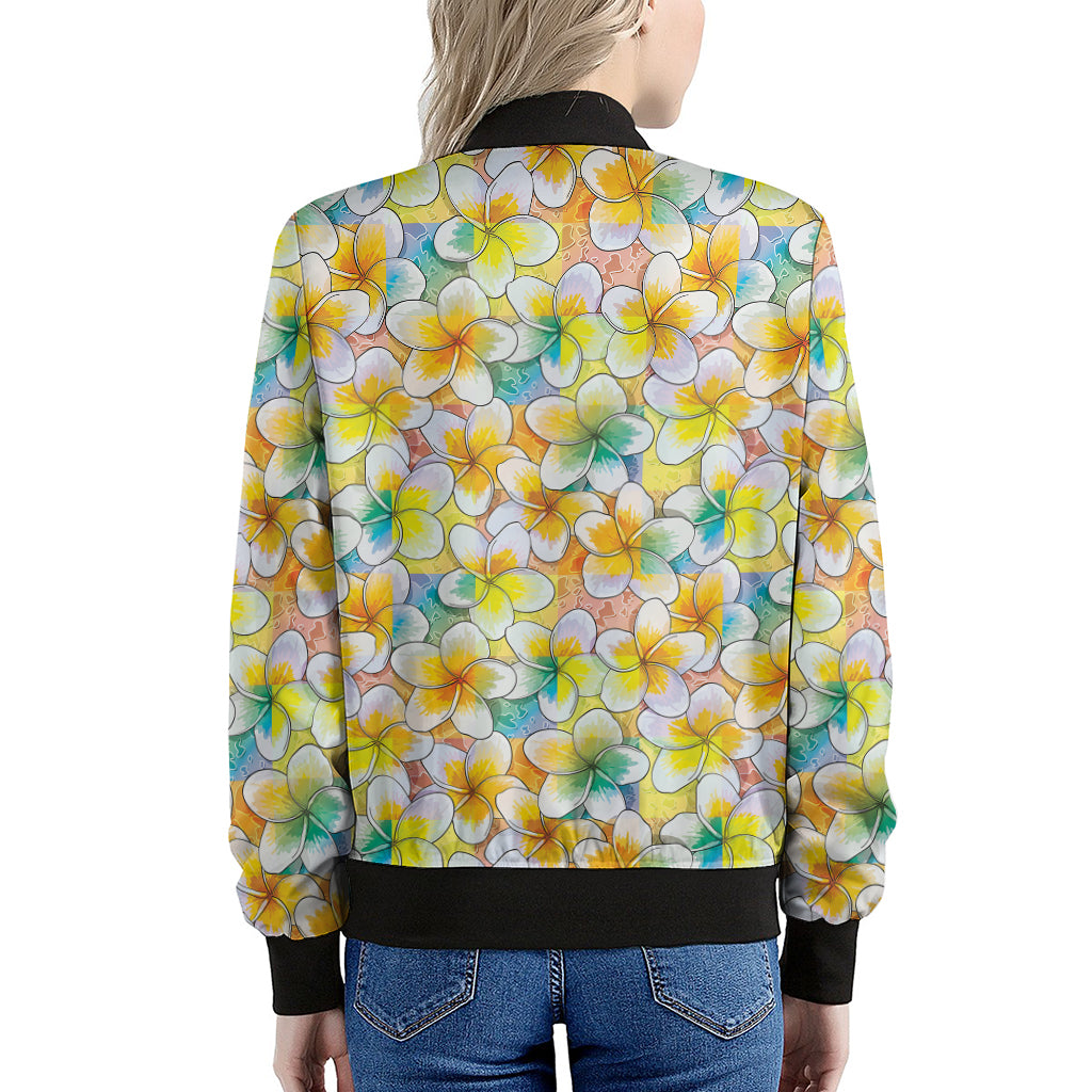 Colorful Frangipani Pattern Print Women's Bomber Jacket