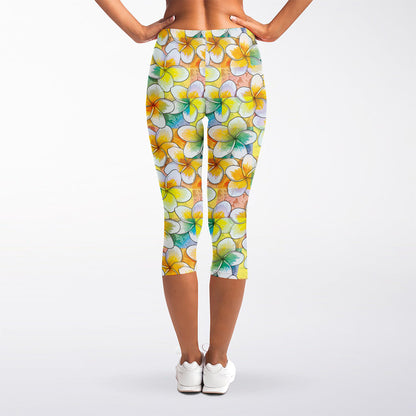 Colorful Frangipani Pattern Print Women's Capri Leggings