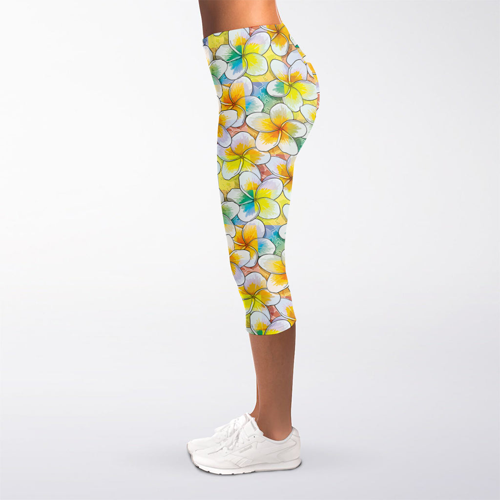 Colorful Frangipani Pattern Print Women's Capri Leggings