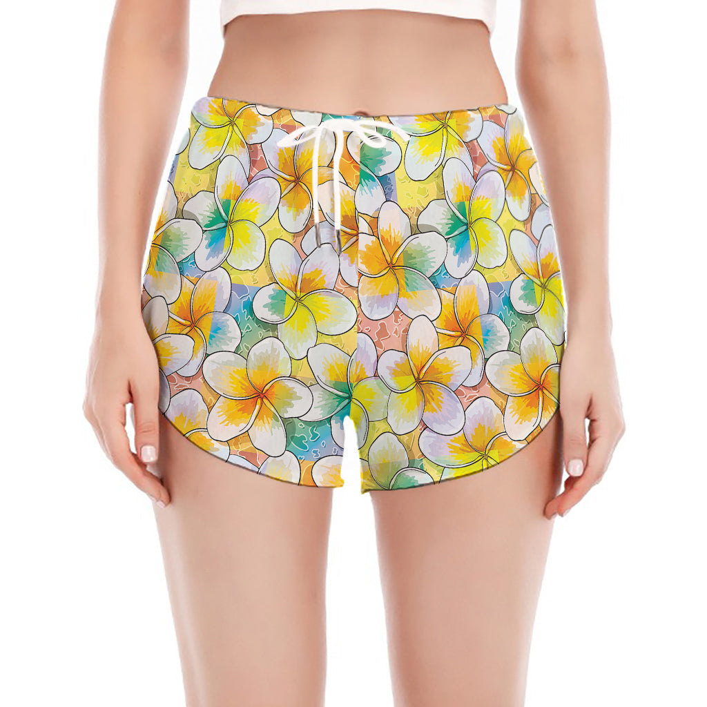 Colorful Frangipani Pattern Print Women's Split Running Shorts