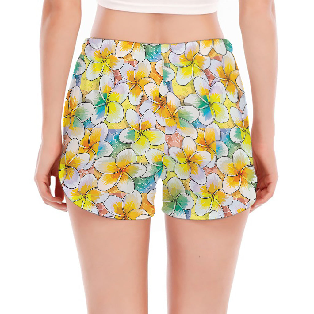 Colorful Frangipani Pattern Print Women's Split Running Shorts