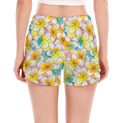 Colorful Frangipani Pattern Print Women's Split Running Shorts