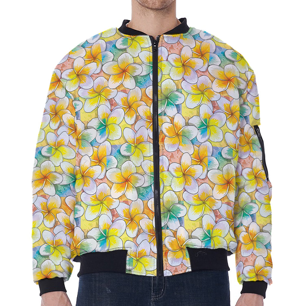 Colorful Frangipani Pattern Print Zip Sleeve Bomber Jacket