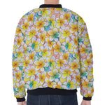 Colorful Frangipani Pattern Print Zip Sleeve Bomber Jacket