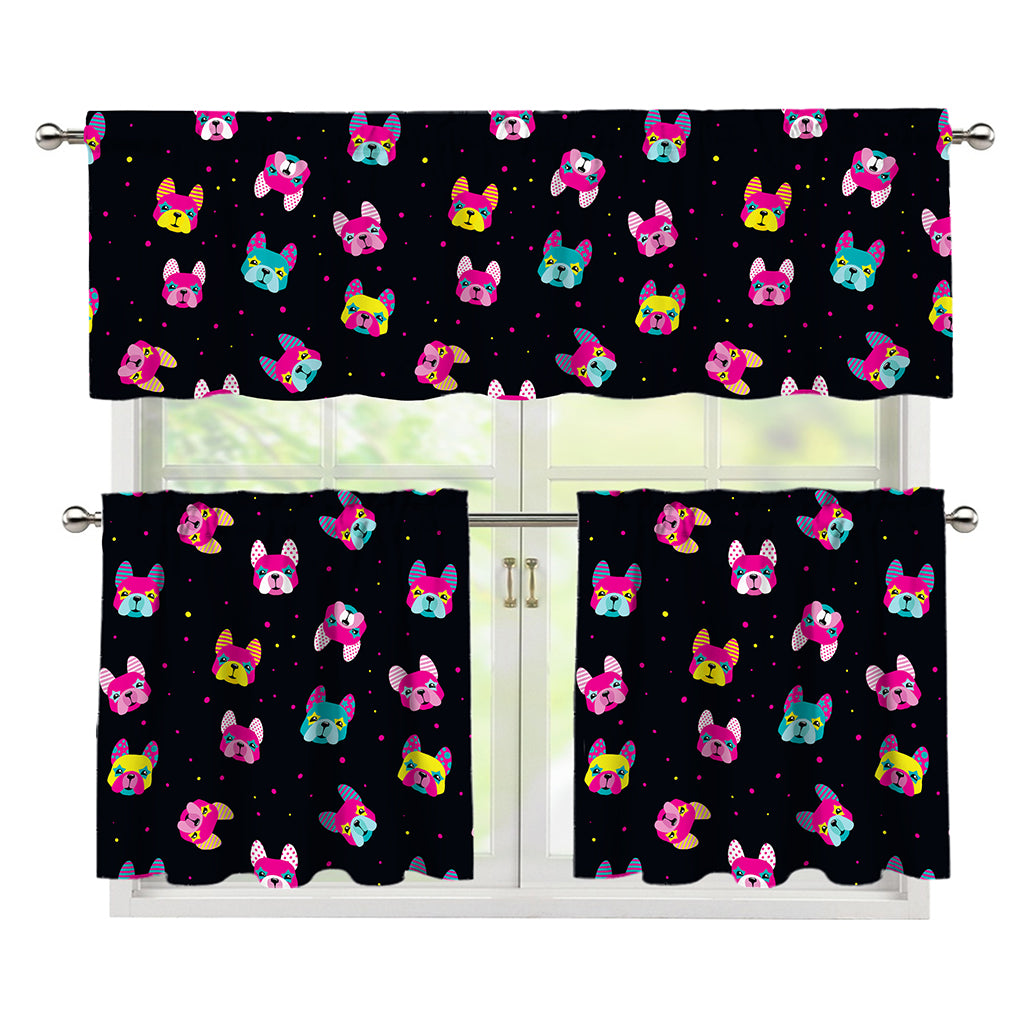 Colorful French Bulldog Print 3 Piece Kitchen Curtains