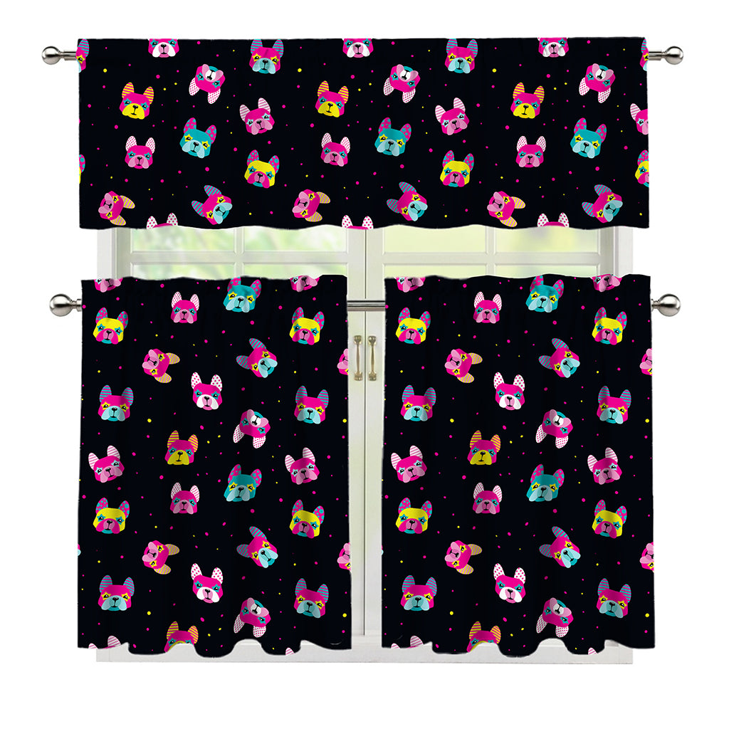 Colorful French Bulldog Print 3 Piece Kitchen Curtains