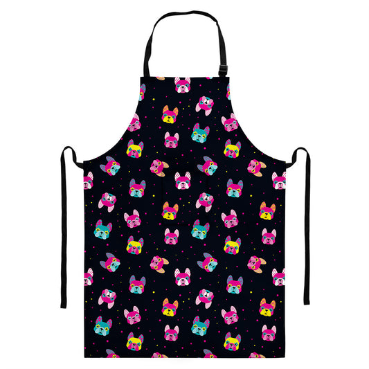 Colorful French Bulldog Print Bib Apron With Pocket