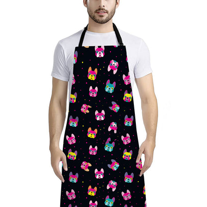 Colorful French Bulldog Print Bib Apron With Pocket