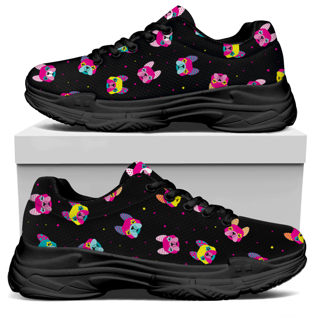 Colorful French Bulldog Print Black Chunky Shoes