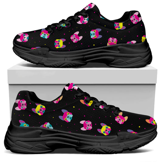 Colorful French Bulldog Print Black Chunky Shoes
