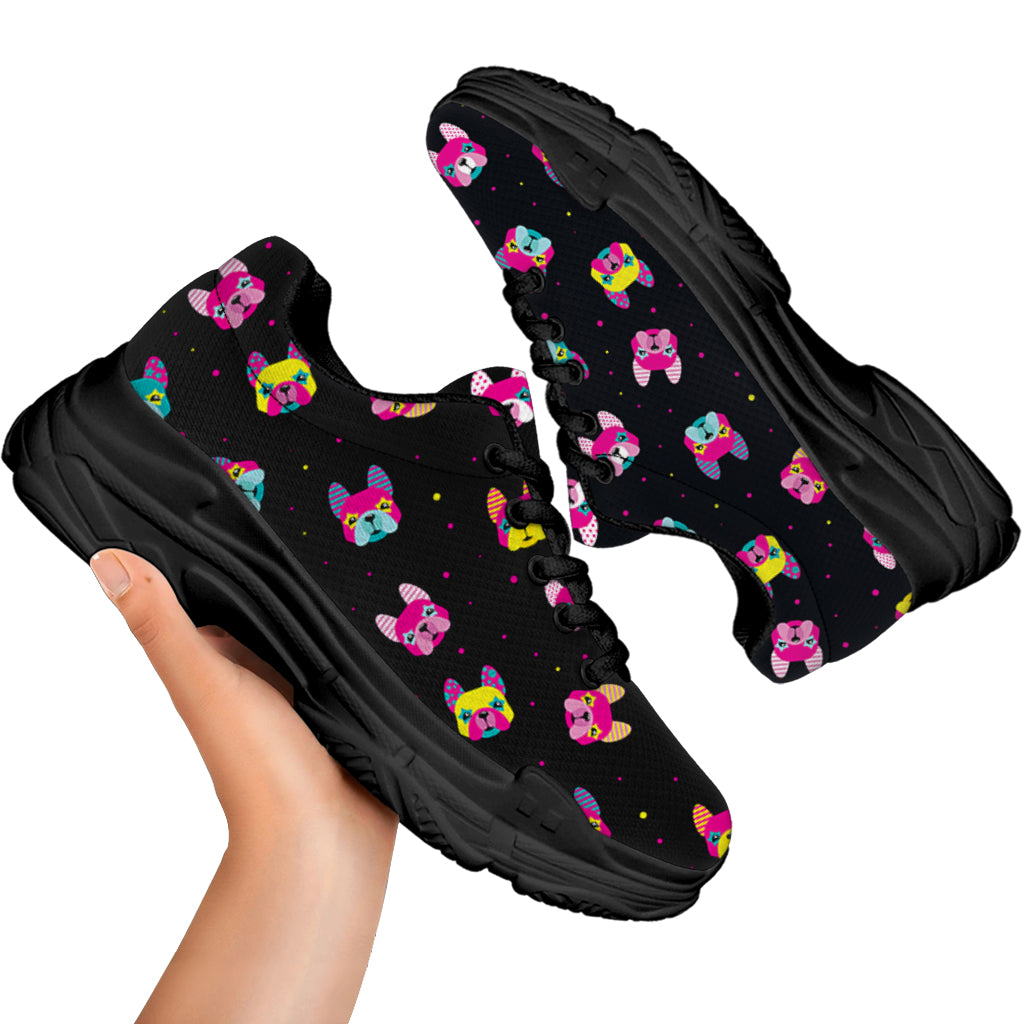 Colorful French Bulldog Print Black Chunky Shoes
