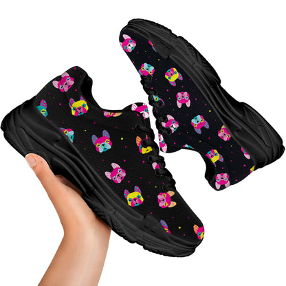 Colorful French Bulldog Print Black Chunky Shoes