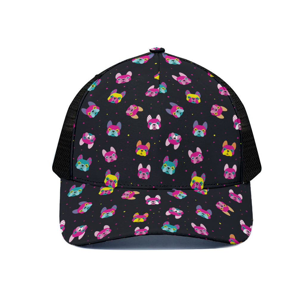 Colorful French Bulldog Print Black Mesh Trucker Cap