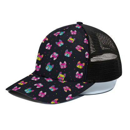 Colorful French Bulldog Print Black Mesh Trucker Cap