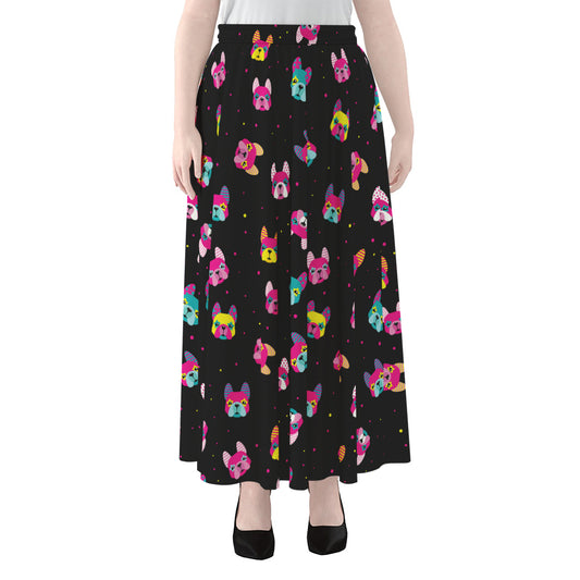 Colorful French Bulldog Print Chiffon Maxi Skirt