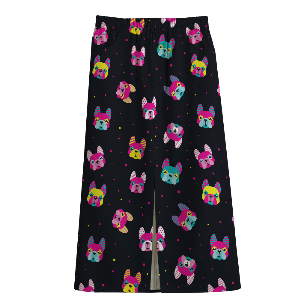 Colorful French Bulldog Print Cotton Front Slit Maxi Skirt