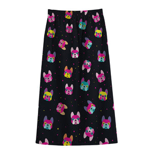 Colorful French Bulldog Print Cotton Front Slit Maxi Skirt