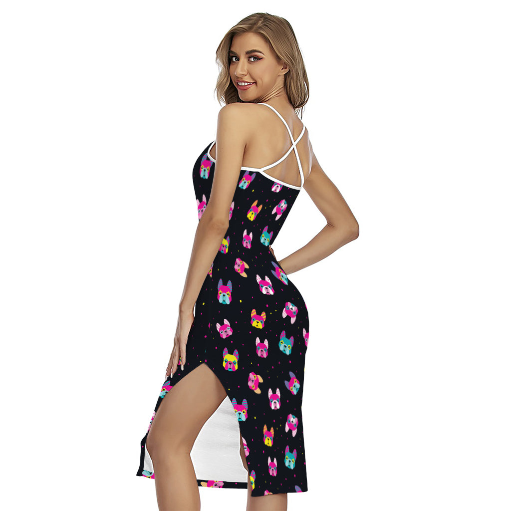 Colorful French Bulldog Print Cross Back Cami Dress