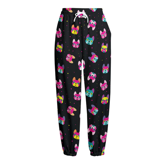 Colorful French Bulldog Print Fleece Lined Knit Pants