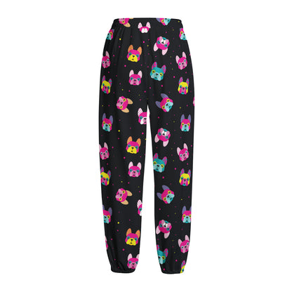 Colorful French Bulldog Print Fleece Lined Knit Pants