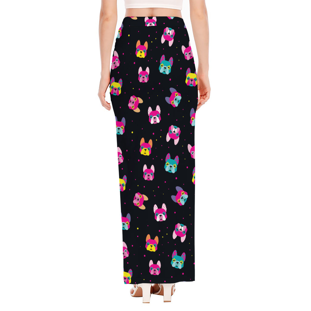 Colorful French Bulldog Print High Slit Maxi Skirt