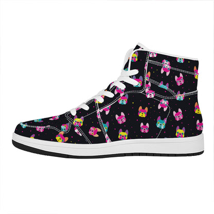Colorful French Bulldog Print High Top Leather Sneakers
