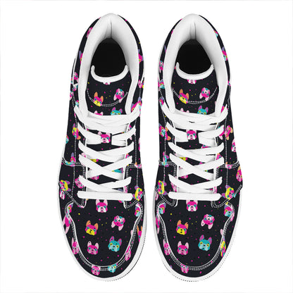 Colorful French Bulldog Print High Top Leather Sneakers