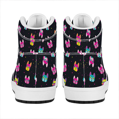 Colorful French Bulldog Print High Top Leather Sneakers