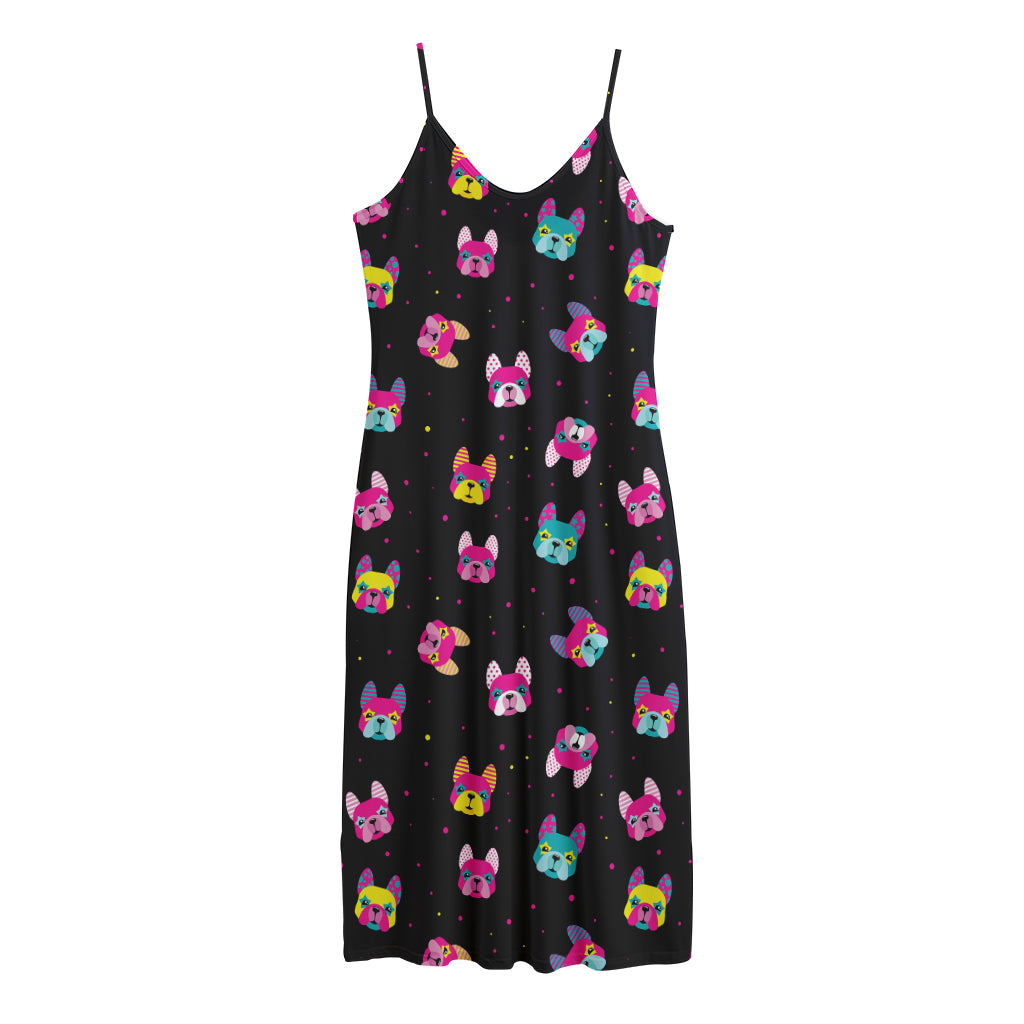 Colorful French Bulldog Print Jersey Midi Cami Dress