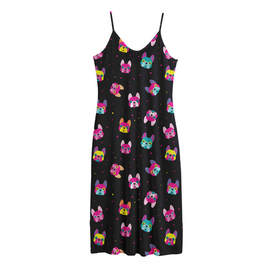 Colorful French Bulldog Print Jersey Midi Cami Dress