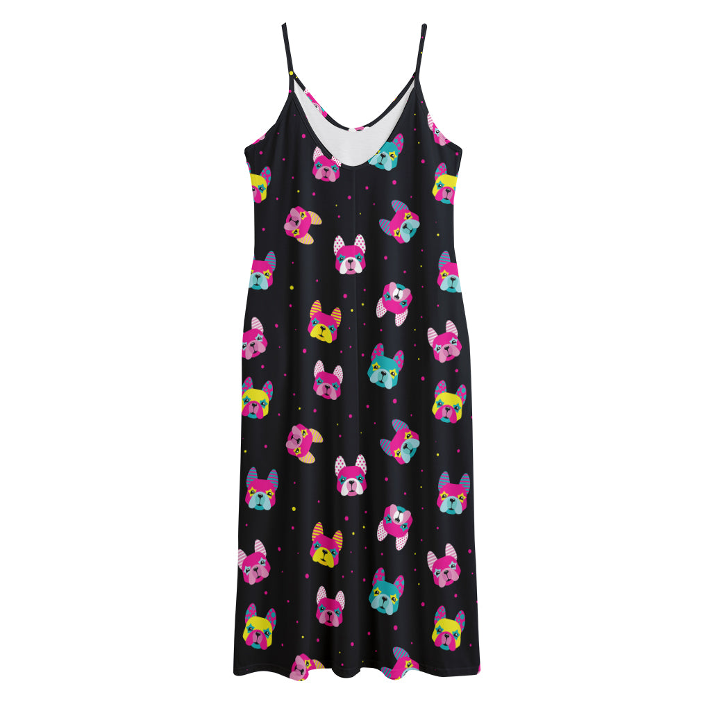 Colorful French Bulldog Print Jersey Midi Cami Dress