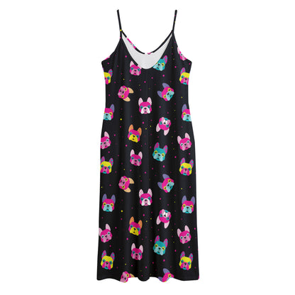 Colorful French Bulldog Print Jersey Midi Cami Dress
