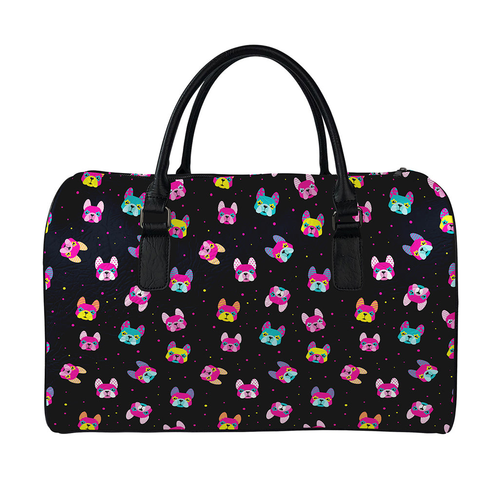 Colorful French Bulldog Print Leather Duffle Bag