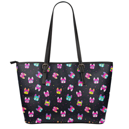 Colorful French Bulldog Print Leather Tote Bag