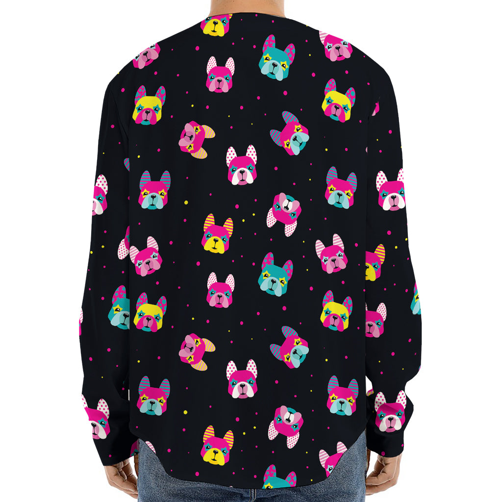 Colorful French Bulldog Print Long Sleeve Baseball Jersey