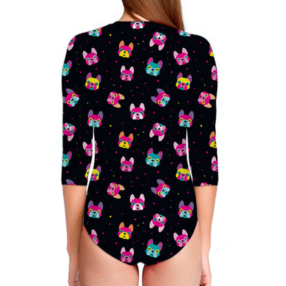 Colorful French Bulldog Print Long Sleeve Swimsuit