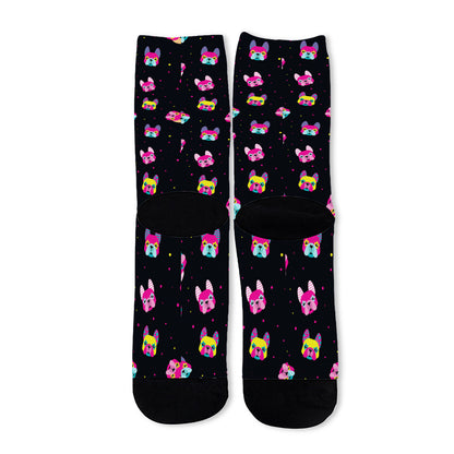 Colorful French Bulldog Print Long Socks