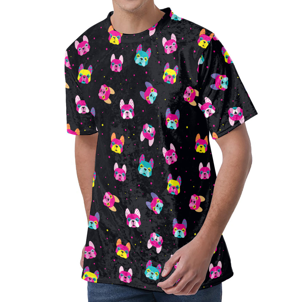 Colorful French Bulldog Print Men's Velvet T-Shirt
