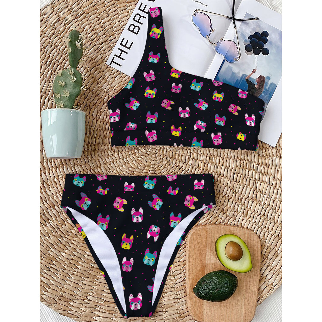 Colorful French Bulldog Print One Shoulder Bikini Top